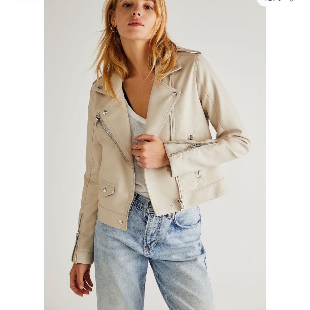 Free People Neutral Cream Leather Moto Jacket